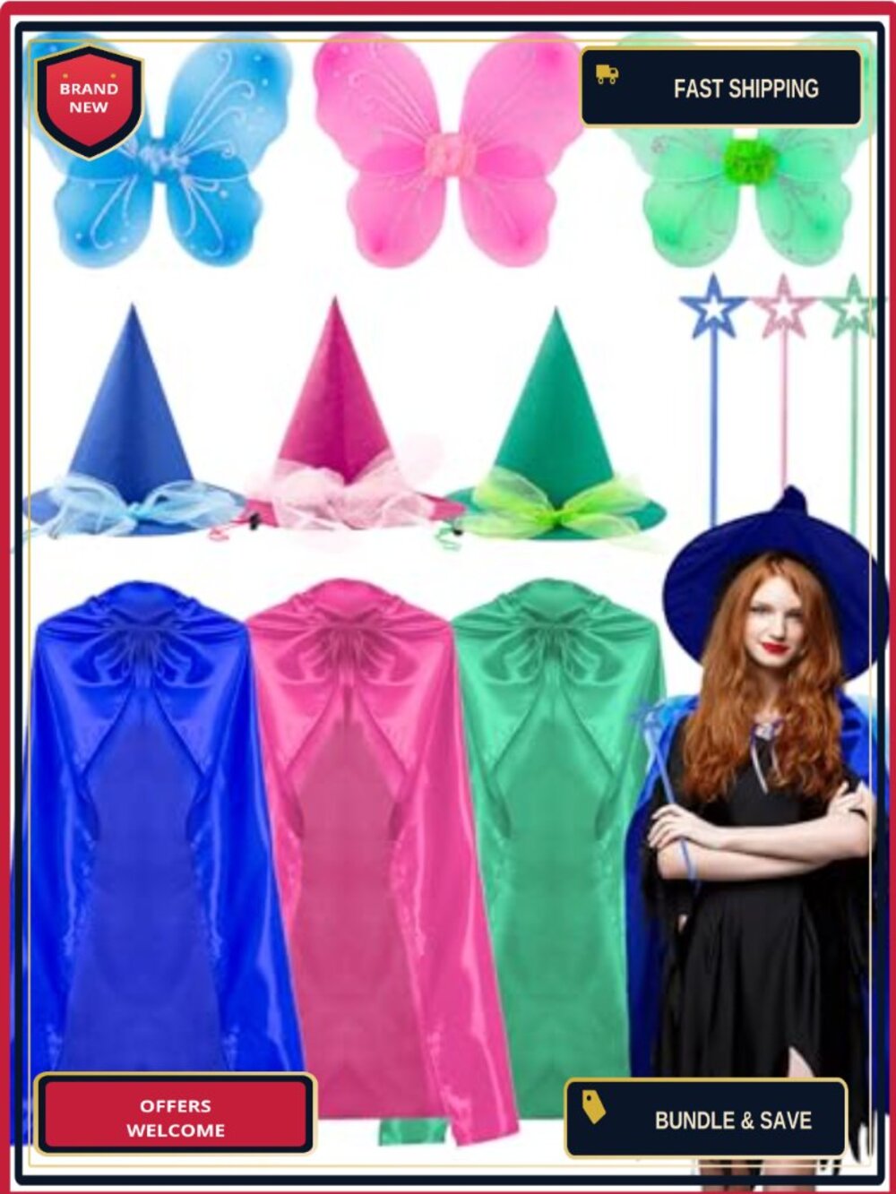 Sleeping Beauty Fairy Costume Set 12 Pc Wings Hat Wand Cloak Halloween Cosplay